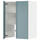A blue ikea METOD kitchen cabinet. Its rectangular, featuring two doors with one open, revealing two adjustable shelves inside. The frame is white.