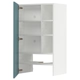 A white METOD kitchen cabinet with a turquoise door and an open shelf design.