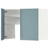 A turquoise METOD kitchen cabinet with removable door and adjustable shelf.
