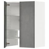 Modern dark grey cabinet with smooth finish, open door revealing adjustable shelves.