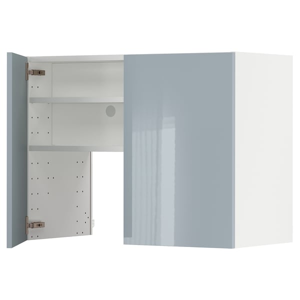 A modern, grey-blue high-gloss METOD cabinet with an adjustable shelf and reversible door.