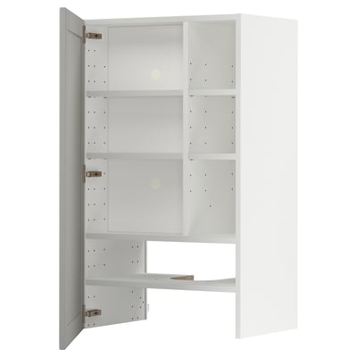 A white ikea METOD kitchen cabinet with adjustable shelves and a reversible door.