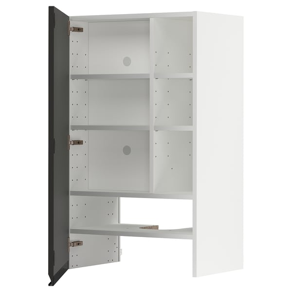 A METOD kitchen unit with black doors and white interior. It adjustable shelves and a modern design with matte finishes and integrated handles.