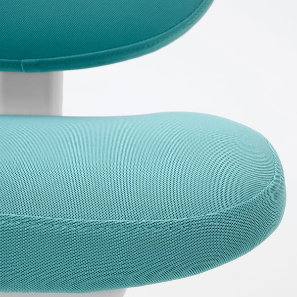 Teal MICKE desk chair with padded seat and metal base, highlighting comfort and quality.