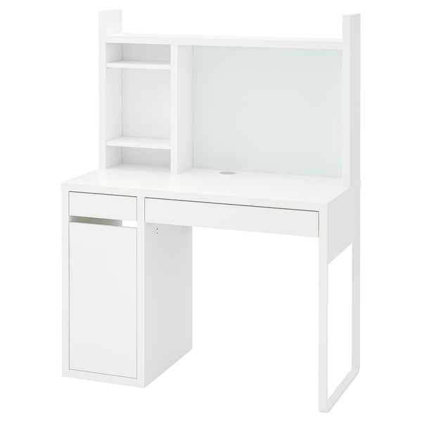 A white MICKE desk with storage. It has shelves, a cable outlet, and adjustable compartments for efficient organization.