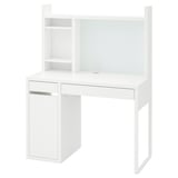 A white MICKE desk with storage. It has shelves, a cable outlet, and adjustable compartments for efficient organization.