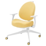 A yellow MICKE office chair with a white frame and armrests. Its adjustable, ergonomic, and has five wheels.