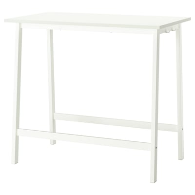 A MITTZON white high conference table with metal legs for sitting or standing, featuring a footrest on both sides for support.
