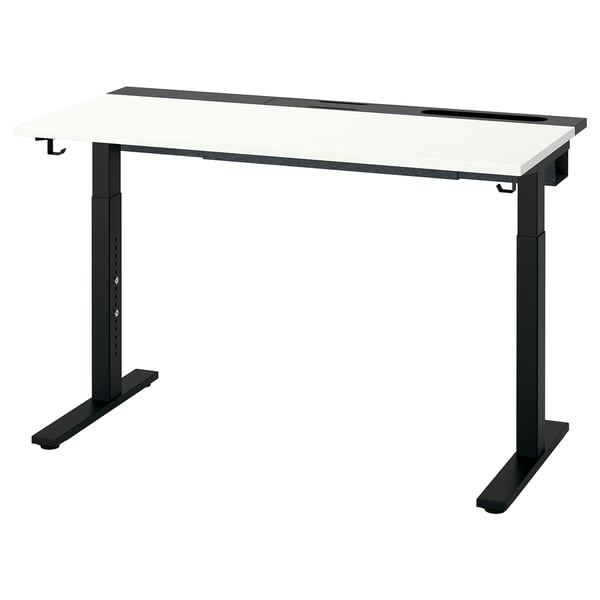 MITTZON desk: white top, black metal legs, rectangular shape, adjustable height.
