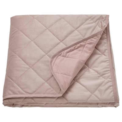 Light pink recycled velvet bedspread, folded square, soft, luxurious.