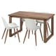 Brown wooden dining table and four white plastic chairs. Modern design with angled legs.