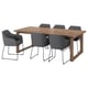 Modern dining set with wooden table and grey fabric chairs.