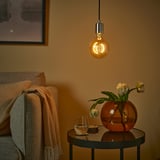 Cozy room with MOLNART bulb, red vase & flowers, glass, beige blanket, framed art, warm light.