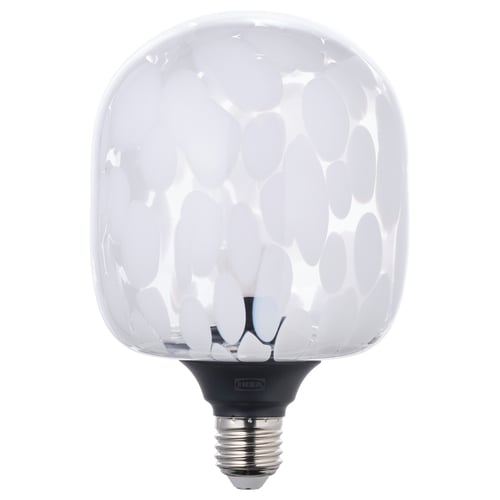 MOLNART led bulb, hand-blown with white dots, warm light.