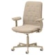 Beige MULLFJÄLLET office chair, adjustable, casters, curved back, padded seat.