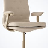A beige office chair with armrests and adjustable seat, designed for comfort during long meetings. It a removable, washable cover and lumbar support.