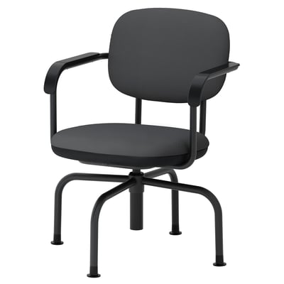Mullsjo chair: black, metal, modern design, curved arms, square back.