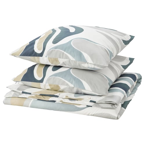 MYGGLASVINGE bedding set: white, green-blue leaf print, soft cotton-blend, crisp, with button closure.