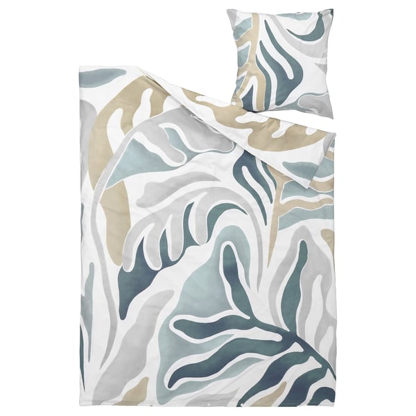 MYGGLASVINGE duvet & pillow in green, beige, white; abstract leaf design, soft cotton-viscose blend.
