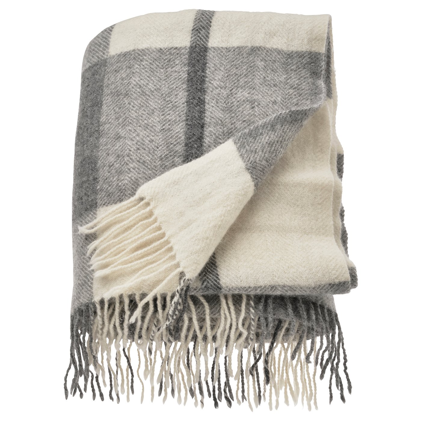 A MYRULL wool throw blanket in light grey and white with a checkered pattern, featuring fringed edges.