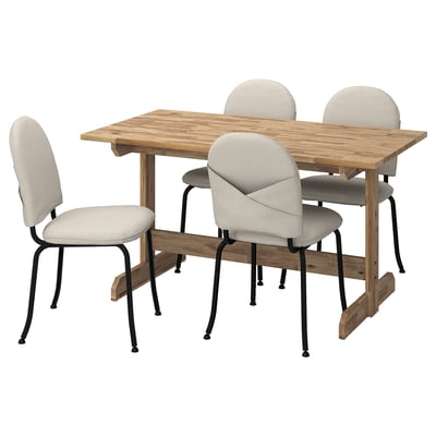 NACKANÄS: modern 4-seat dining set with light gray cushioned chairs and acacia wood table, featuring metal legs.