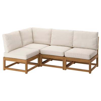NÄMMARÖ outdoor sectional, neutral beige, acacia wood frame, corner shape, modern design.