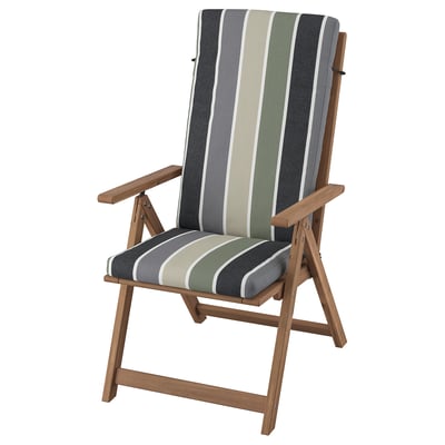 NÄMMARÖ reclining chair with grey-green striped cushions, made of acacia wood, perfect for outdoor relaxation.
