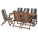 Brown NÄMMARÖ patio set with dark green striped cushions, wooden table, four chairs, and one recliner.