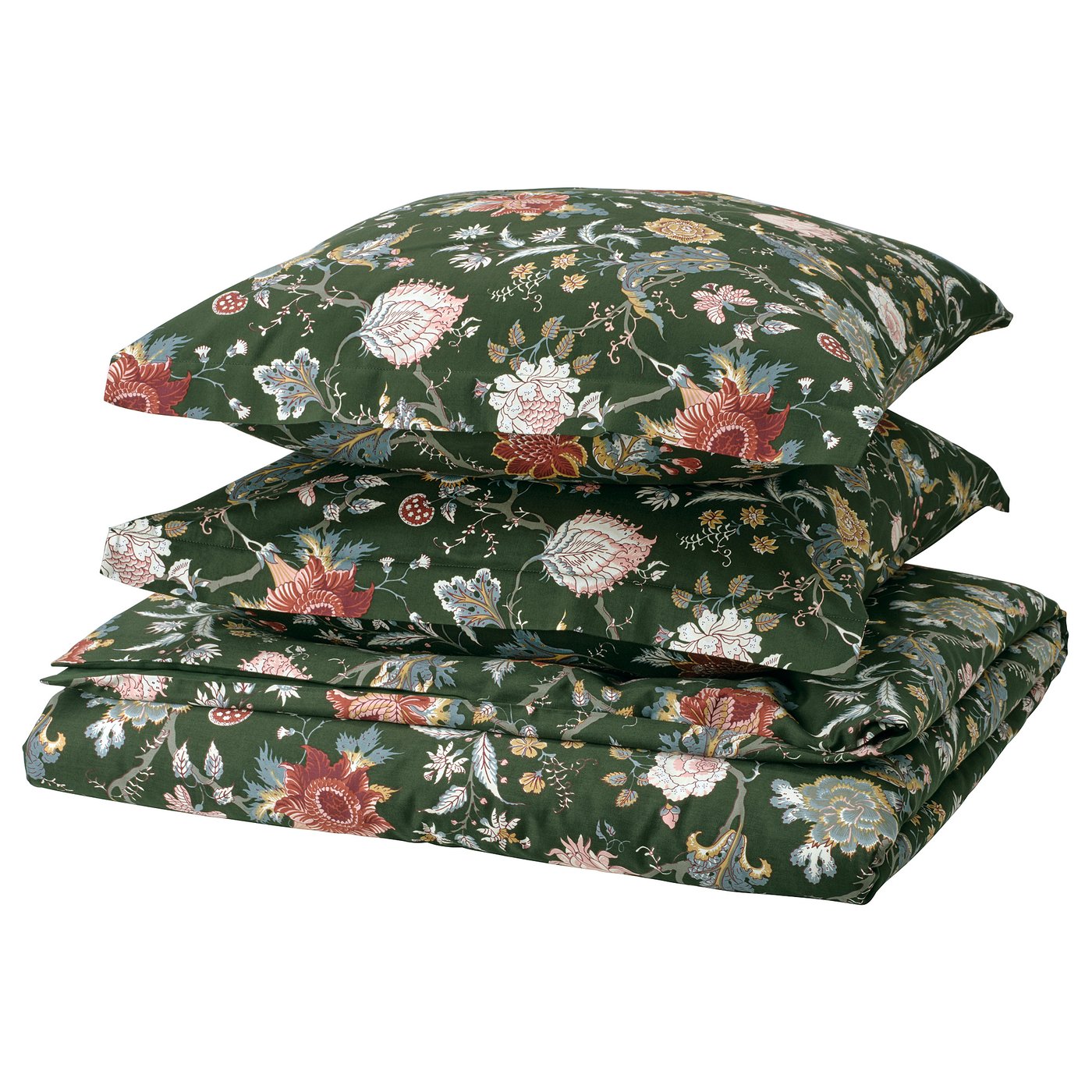 NÄSSELKLOCKA: green floral bedding set, dark green with pink & red flowers. Sateen-woven, zipper closure, rectangle shape.