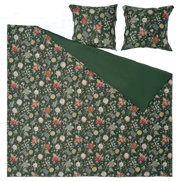Dark green floral bedding set with two pillows; vibrant flowers, elegant sateen weave.