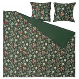 Dark green floral bedding set with two pillows; vibrant flowers, elegant sateen weave.