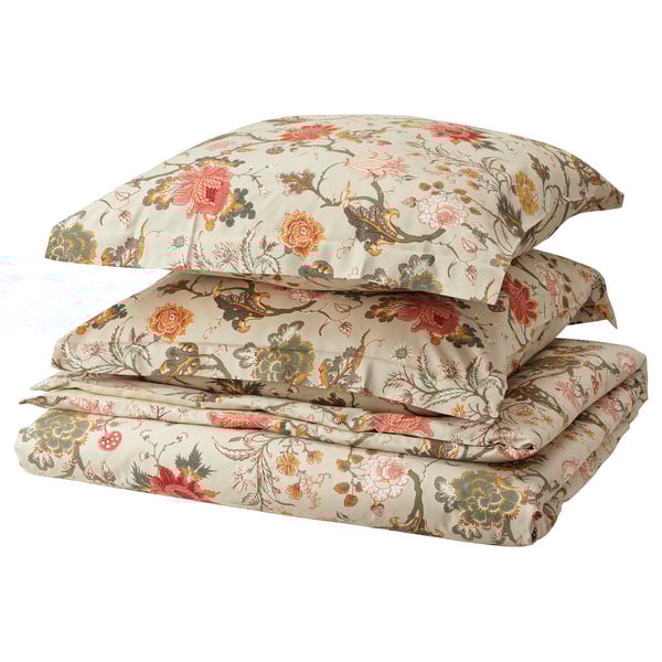 NÄSSELKLOCKA floral duvet set, beige, cotton/viscose, rectangular, flower pattern.