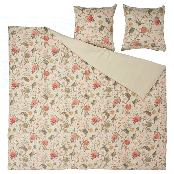 NÄSSELKLOCKA bedding set: floral print duvet, 2 pillows, beige-flower pattern, sateen-cotton/viscose.