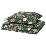 NÄSSELKLOCKA duvet & pillow set, green floral pattern, sateen fabric, rectangular with zip closure.