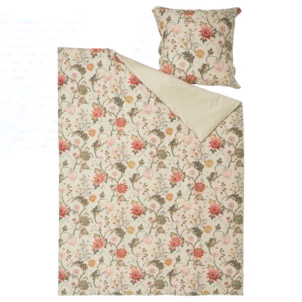 NÄSSELKLOCKA bedding set, floral & solid grey-beige, cotton/viscose, rectangular with zipper design.