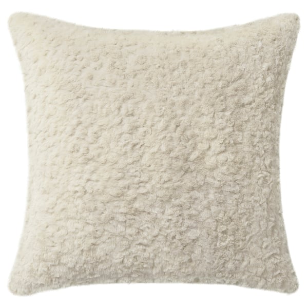 Soft, beige square throw pillow, textured like fur, made from recycled polyester.