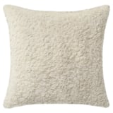 Soft, beige square throw pillow, textured like fur, made from recycled polyester.