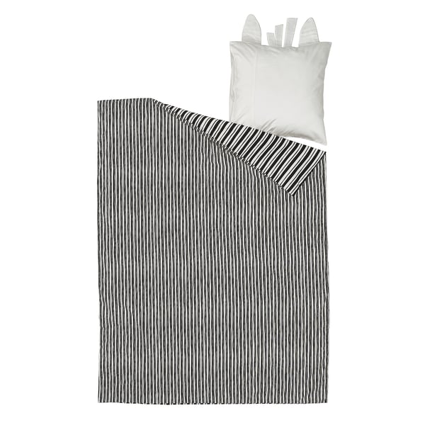 Black and white striped kids bedding, zebra-like design, soft cotton blend, includes pillowcase.