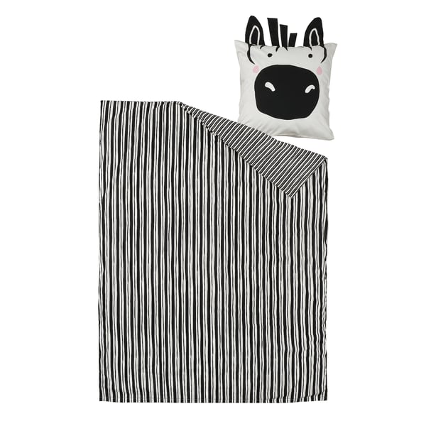 Black and white striped zebra duvet set with cute pillow for kids.