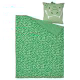 Green crocodile-themed duvet set. Green spotted blanket and matching pillow with smiley crocodile face.