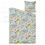 Vibrant jungle bedding, NATTHÄGER, lions, tigers, monkeys, and more on white cotton blend duvet cover & pillowcase. Colorful, playful design.