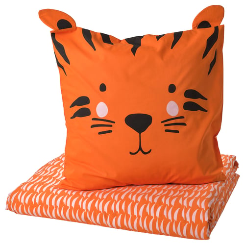 Orange tiger bedding with black stripes and pink spots, soft cotton blend.