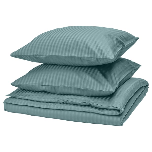 A NATTJASMIN bedding set with teal, sateen striped comforter and pillows, featuring a sleek and elegant design.