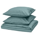 A NATTJASMIN bedding set with teal, sateen striped comforter and pillows, featuring a sleek and elegant design.