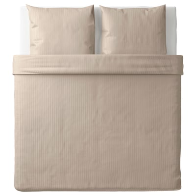 Natjasmin bedding: beige, rectangular, striped, smooth fabric, includes duvet cover and pillowcases.