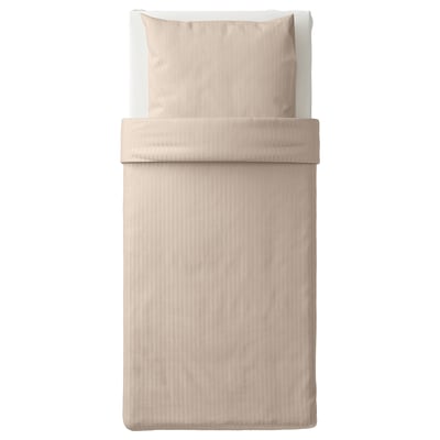 NATTJASMIN duvet set, beige. Soft, striped sateen with cotton and lyocell, rectangular shape.