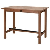 NORDVIKEN light brown wooden bar table, rectangular shape, single drawer with metal handle, sturdy wooden legs.