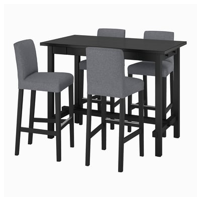 NORDVIKEN black rectangular bar table with four grey cushioned stools.