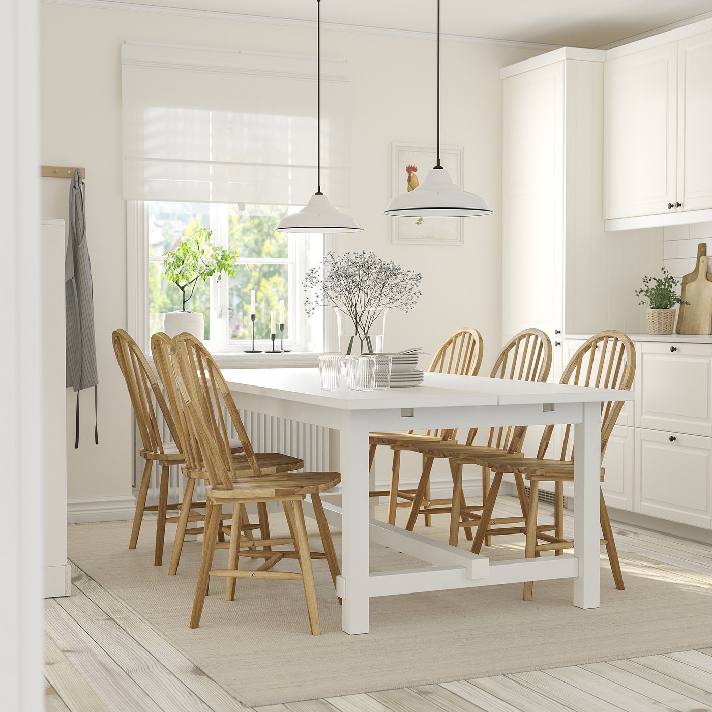 NORDVIKEN SKOGSTA table and chairs, white/acacia, 210/289 cm