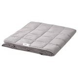 A grey ODONVIDE weighted blanket folded, made from recycled polyester and cotton, with a box-stitch pattern.